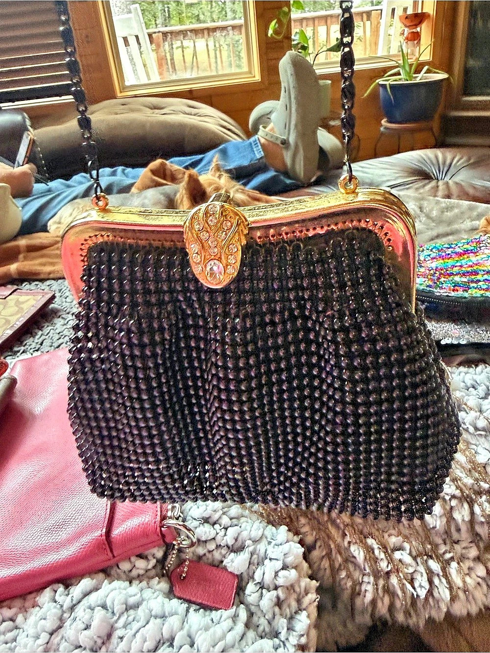 Beaded Frame Clutch in Black